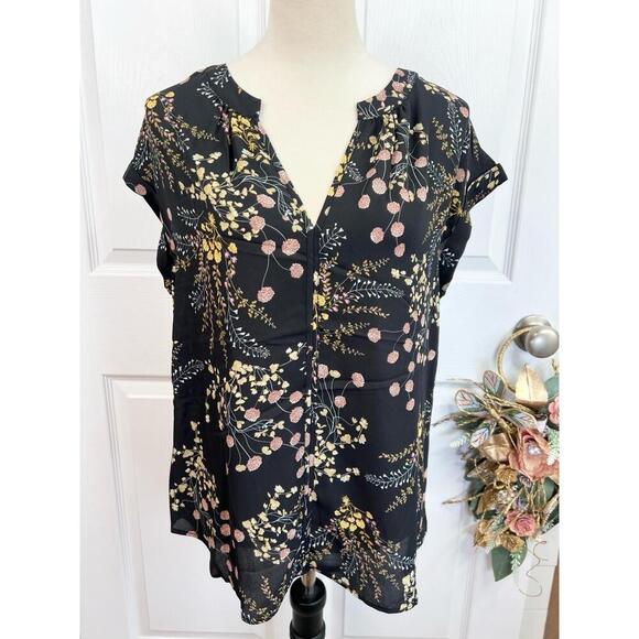 Philosophy Womens Black Floral V-Neck Cuffed Short Sleeve Blouse Bohemian Size S - Picture 3 of 11